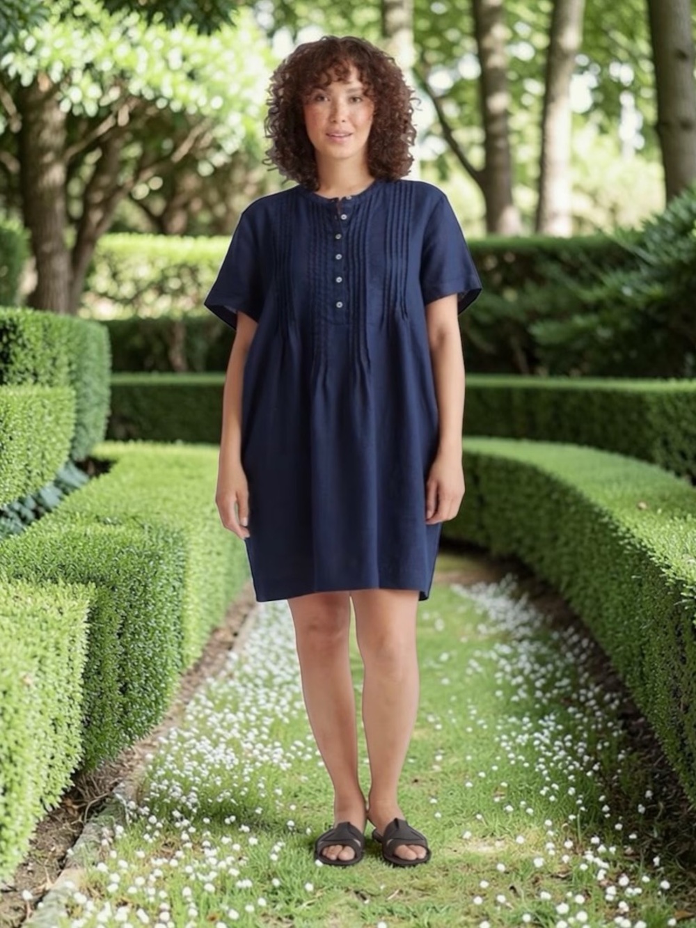 QUINCE 100% EUROPEAN LINEN SHORT SLEEVE MINI SWING DRESS SZ L IN DEEP NAVY - Picture 4 of 8